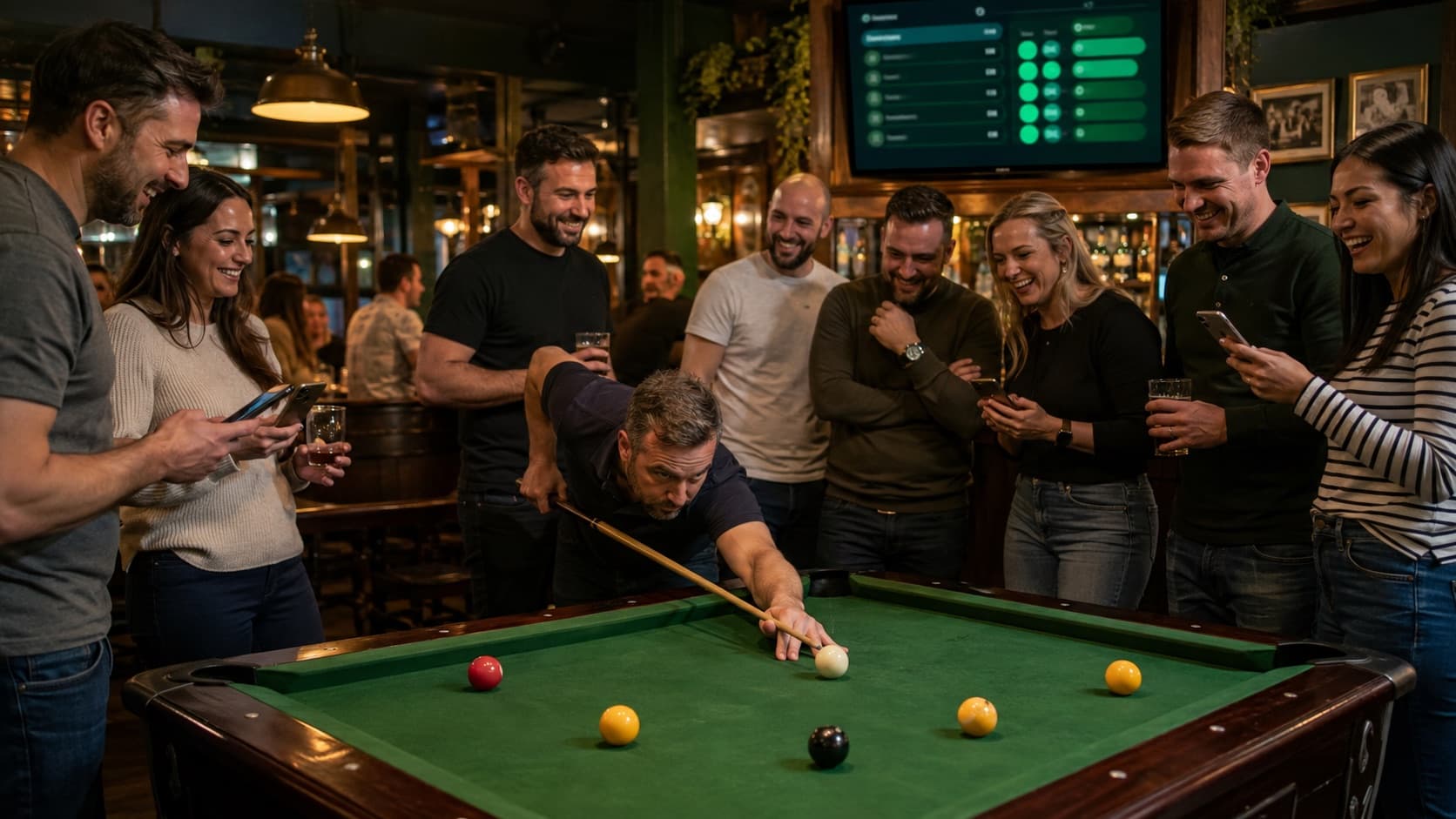 Illustration of a pub Pool night around a green table